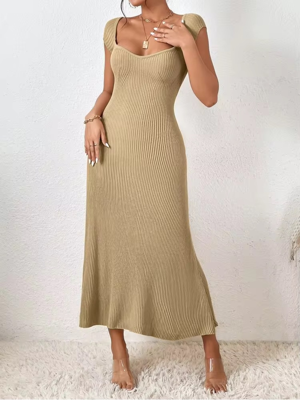 Sweetheart Neck Ribbed Knit Sweater Dress